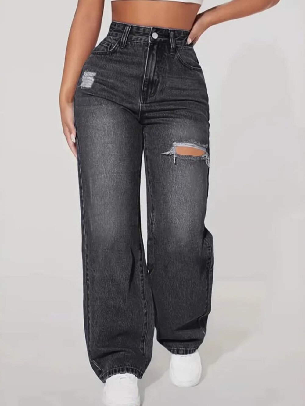 Women's Black Distressed Straight Leg Jeans XL – High Rise Denim Pants